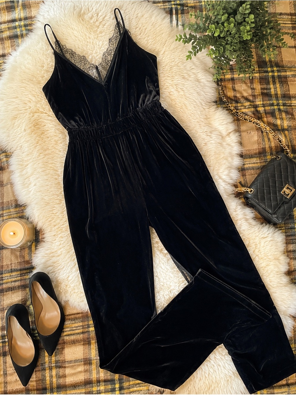 H&M Black Velvet Lace Trim Jumpsuit NWT Size 12 Wide Leg Holiday Glam Goth Chic